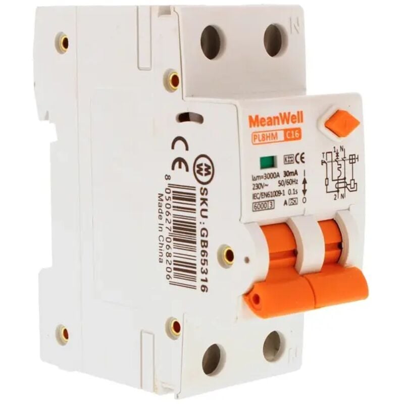 foto del prodotto meanwell magnetotermico differenziale tipo a curva c 1p n 2m 6ka 30ma c16a ac 230v