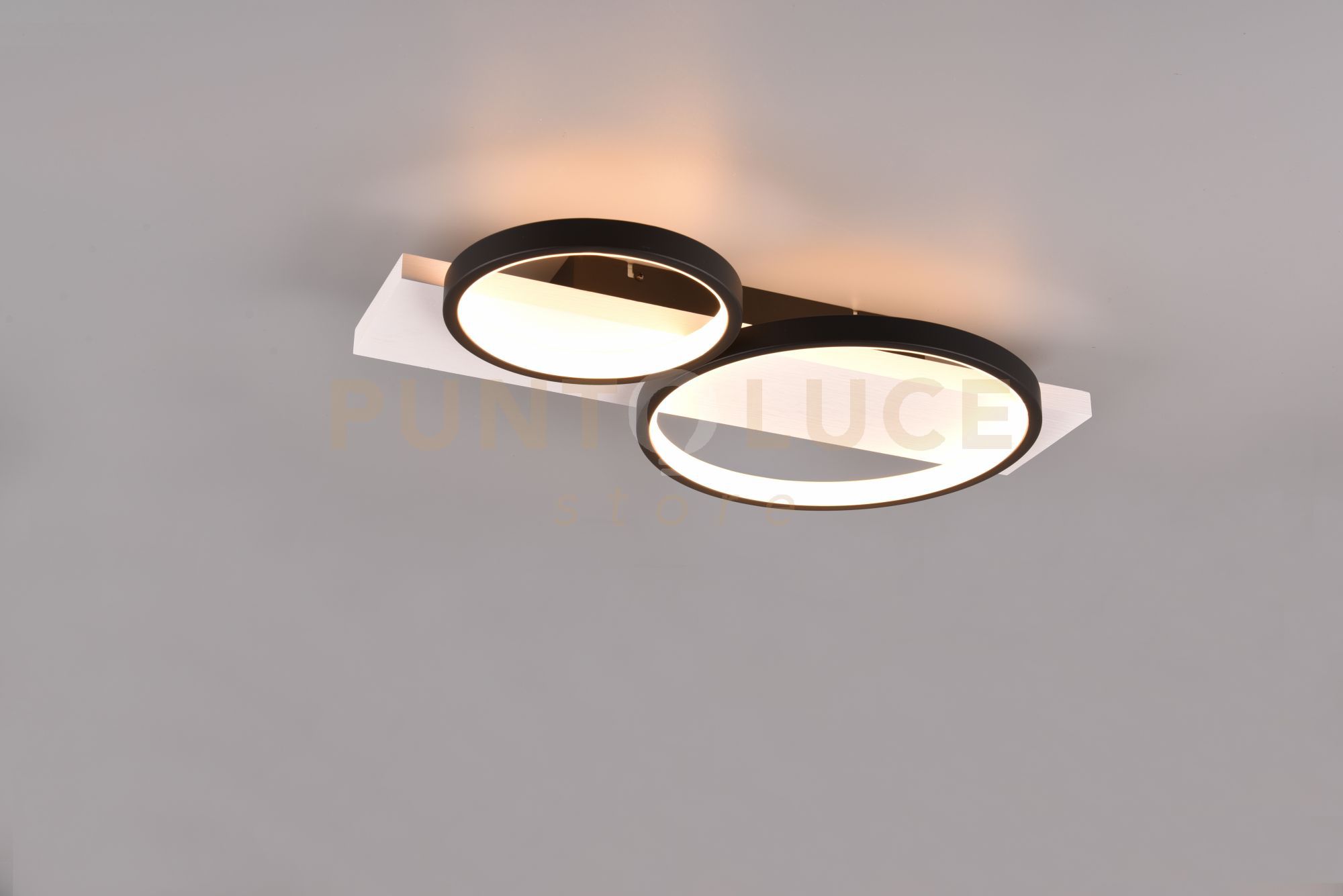 foto del prodotto medera plafoniera 2 cerchi metallo nero base legno bianco con dimmerazione ad interruttore l. 54cm led 26w 3000lm, 3000k
