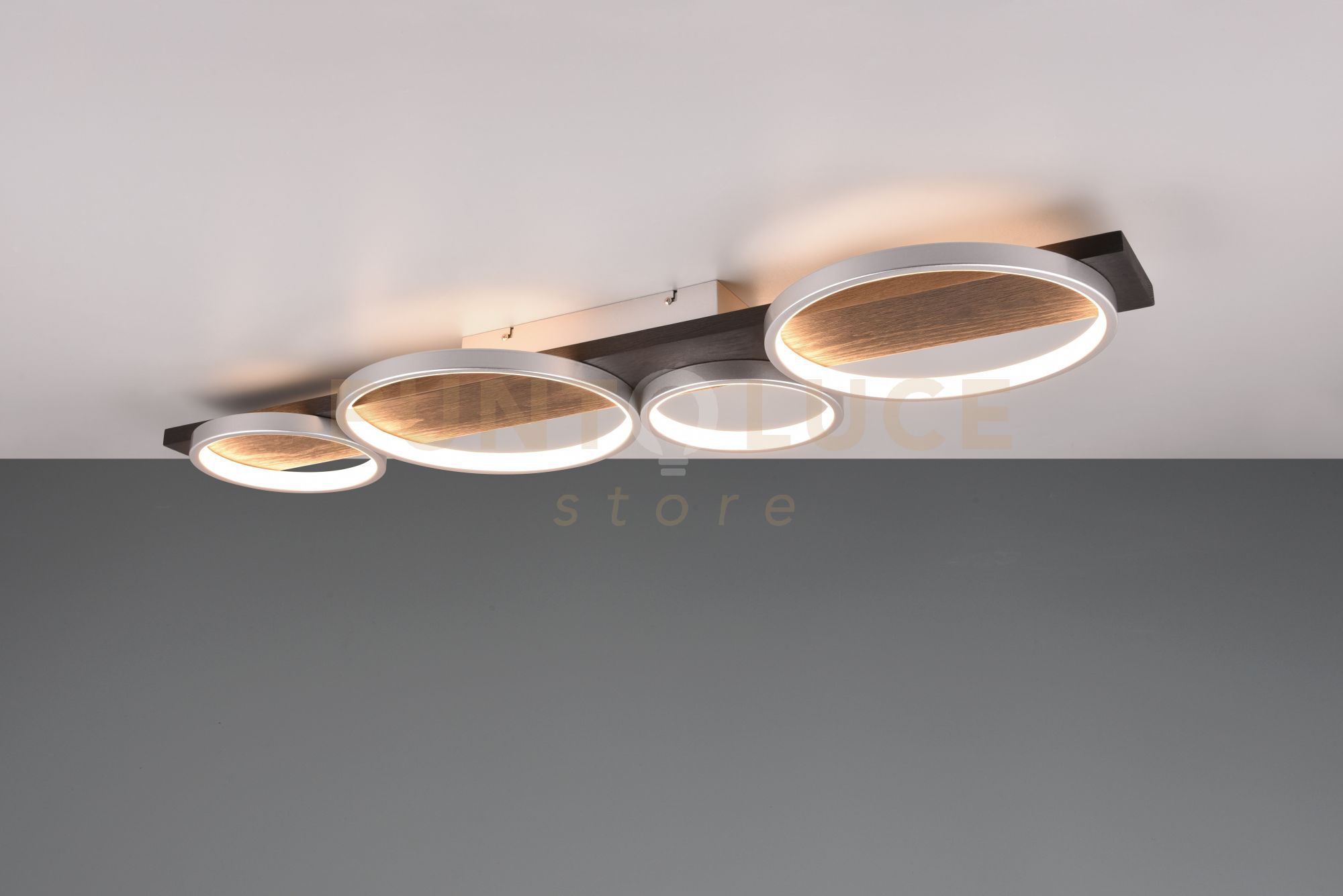foto del prodotto medera plafoniera 4 cerchi metallo alluminio base legno nero con dimmerazione ad interruttore l. 100cm led 44w 5100lm, 3000k