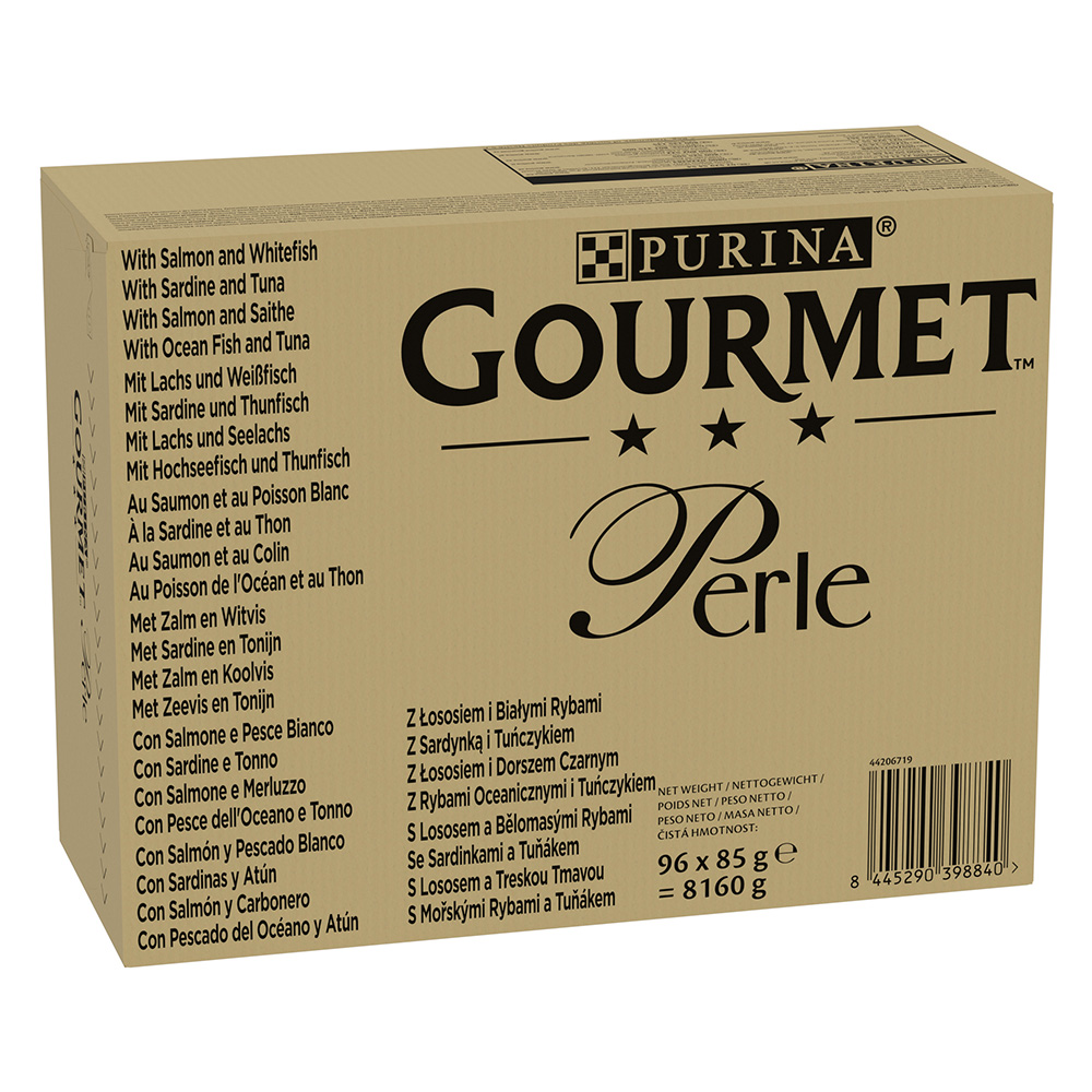 foto del prodotto megapack risparmio gourmet perle 96 x 85 g alimento umido per gatti salmone pesce bianco, sardine tonno, salmone merluzzo, pesce dell oceano tonno in salsa