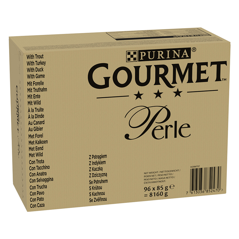 foto del prodotto megapack risparmio gourmet perle 96 x 85 g alimento umido per gatti trota, tacchino, anatra, selvaggina in gelatina