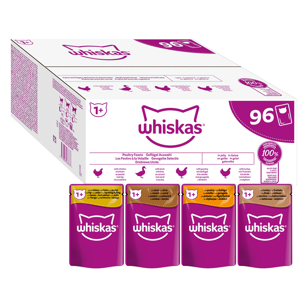 foto del prodotto megapack risparmio whiskas 1 buste 96 x 85 g alimento umido per gatto selezione carni bianche in gelatina