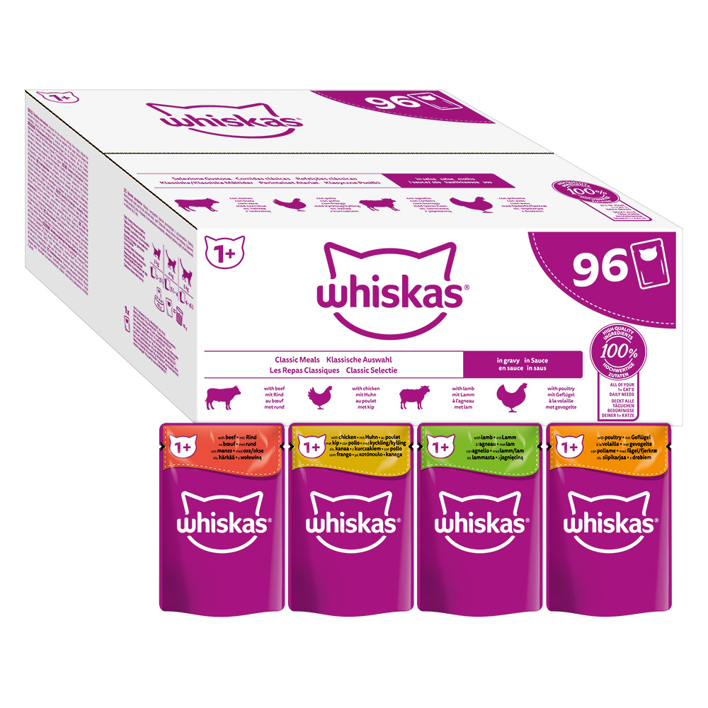 foto del prodotto megapack risparmio whiskas 1 buste 96 x 85 g alimento umido per gatto selezione classica in salsa