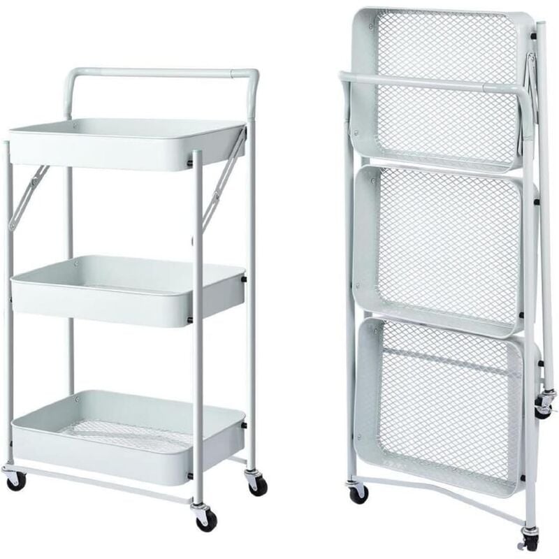 foto del prodotto megashopitalia carrello cucina pieghevole multiuso con manico 3 ripiani cestelli 4 ruote girevoli e freno integrato bianco