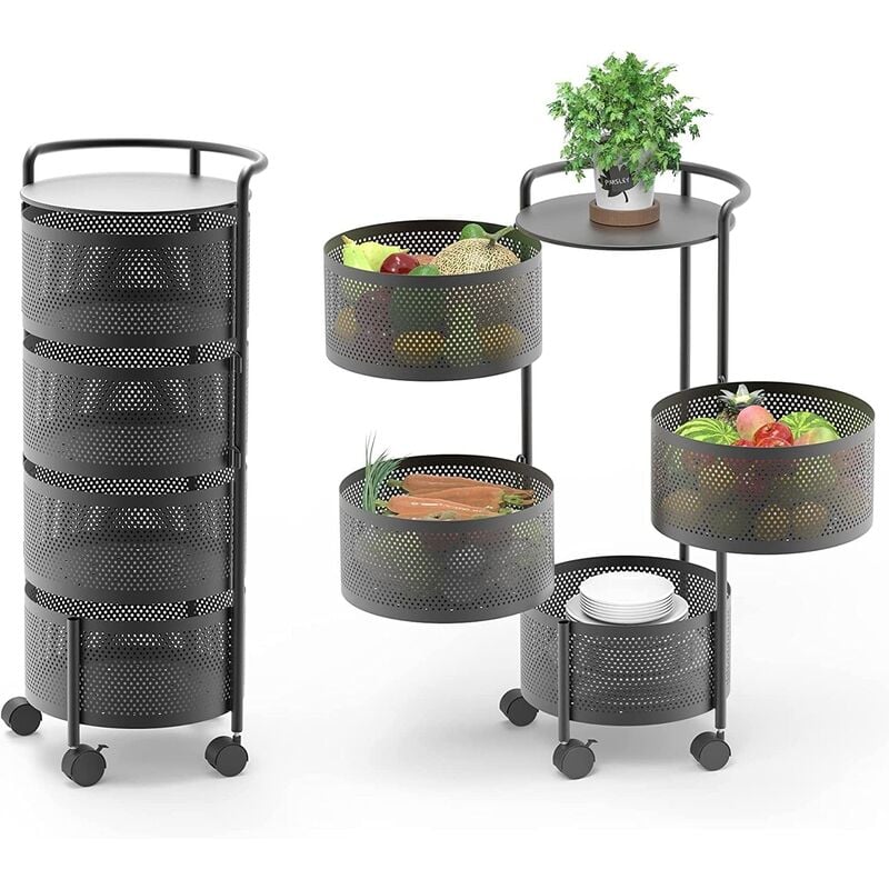 foto del prodotto megashopitalia carrello porta verdure cesto di frutta a 5 livelli con ruote per conservare da cucina nero