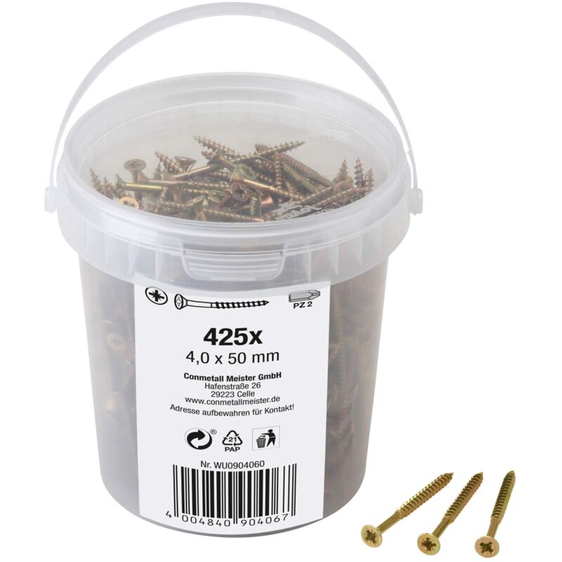 foto del prodotto meister viti universali, 4,0 x 50 mm, 425 pezzi, testa svasata, attacco pz pozidriv, filettatura parziale, zincata, set di viti, secchio per viti,