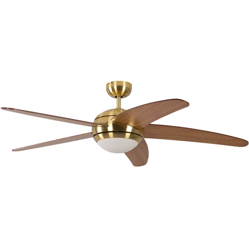 foto del prodotto melton ventilatore da soffitto 13422010132v1 con telecomando incluso, rivestimento di color ottone, pale miele acero, 132 cm, alogena pepeo