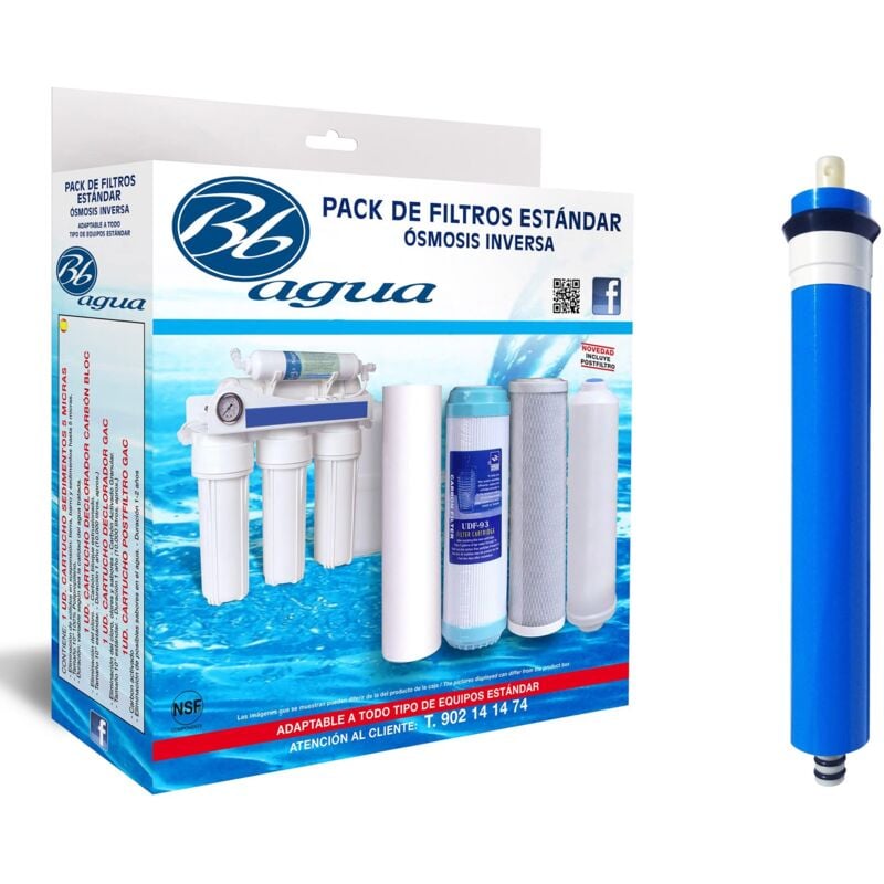 foto del prodotto membrana da 50 gpd confezione da 4 filtri standard. 1 filtro a sedimenti, 1 filtro a carbone gac, 1 filtro a carbone a blocchi e 1 post filtro in