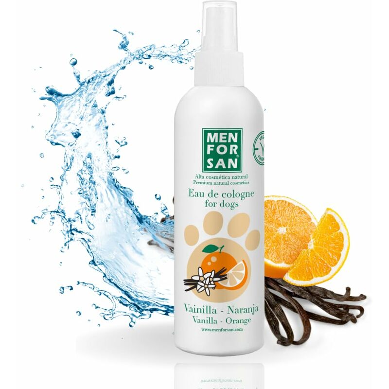 foto del prodotto menforsan acqua di colonia per cani vaniglia e arancia 125 ml, profumo dolce, fruttato e di lunga durata