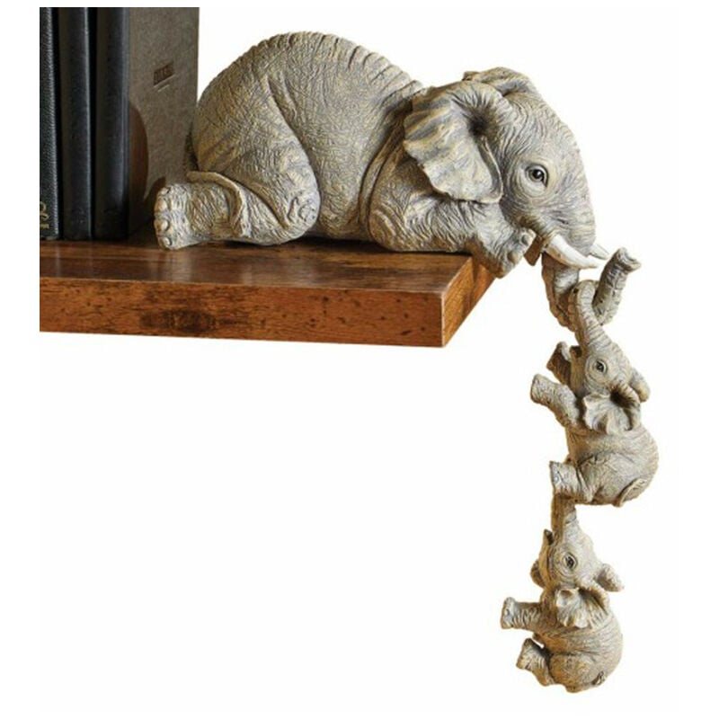 foto del prodotto mensola a forma di elefante, mamma elefante che appende 2 elefantini sul bordo, statuette da collezione in resina per la decorazione della casa,