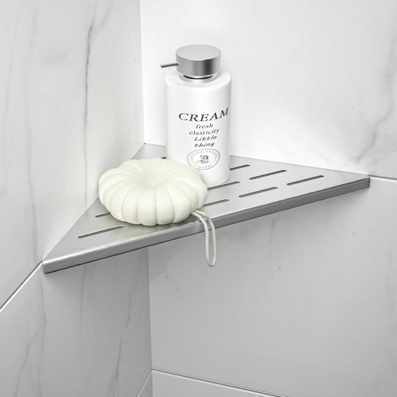 foto del prodotto mensola angolare, mensola doccia in acciaio inox, mensola doccia da incasso, adatta per porta shampoo da bagno, argento