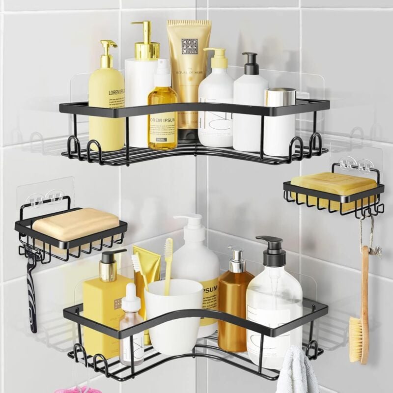 foto del prodotto mensola angolare per doccia senza foratura, mensola da 4 pezzi, mensola in acciaio inox, nero, accessori per il bagno, portaoggetti per doccia
