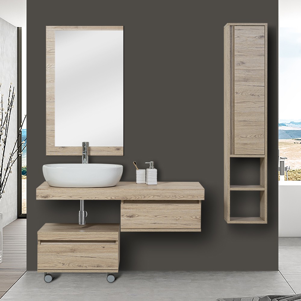 foto del prodotto mensola bagno 120 in rovere di bordeaux con staffe lavabo e specchio