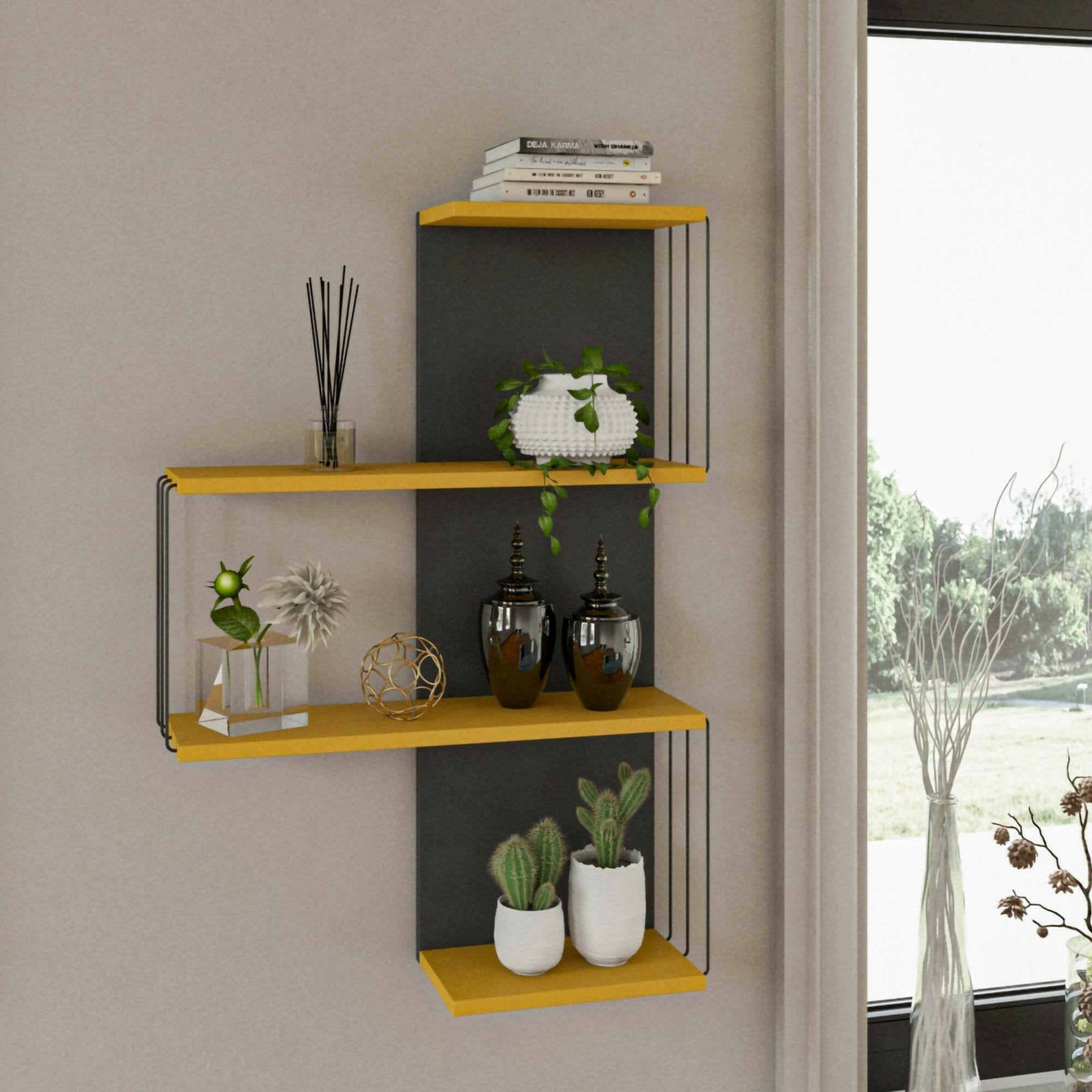 foto del prodotto mensola batilda, scaffale, ripiano a muro, scaffalatura multiuso, 64x19h96 cm, antracite e giallo