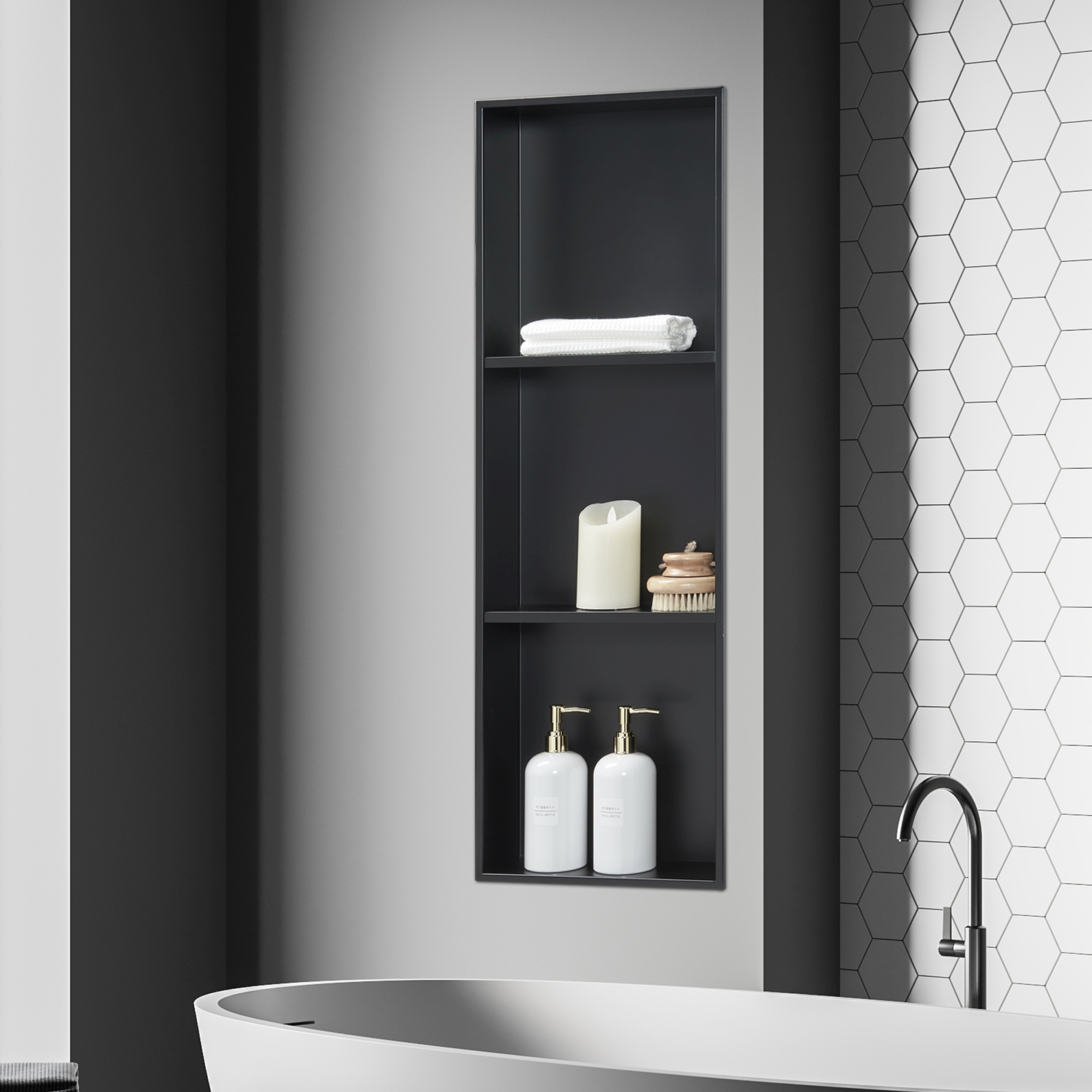 foto del prodotto mensola da incasso kristinehamn nicchia da parete con 3 scomparti 92 x 32 x 10 cm nero opaco neu.haus 