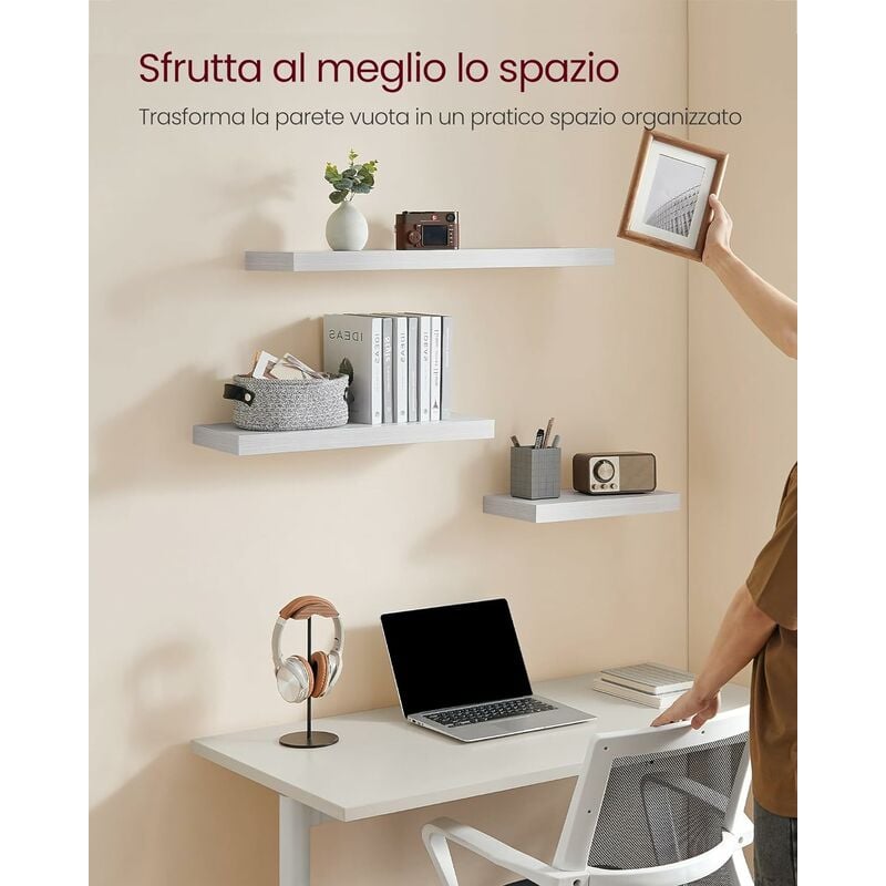 foto del prodotto mensola da muro, mensola da parete, 20 x 80 x 3,8 cm, per portafoto decorazioni, soggiorno studio cucina, bianco acero vasagle