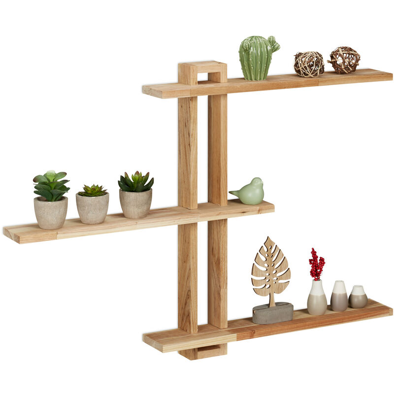foto del prodotto mensola da muro per libri, scaffale a parete, 3 ripiani in legno di noce, hlp 56 x 80 x 9 cm, marrone naturale relaxdays