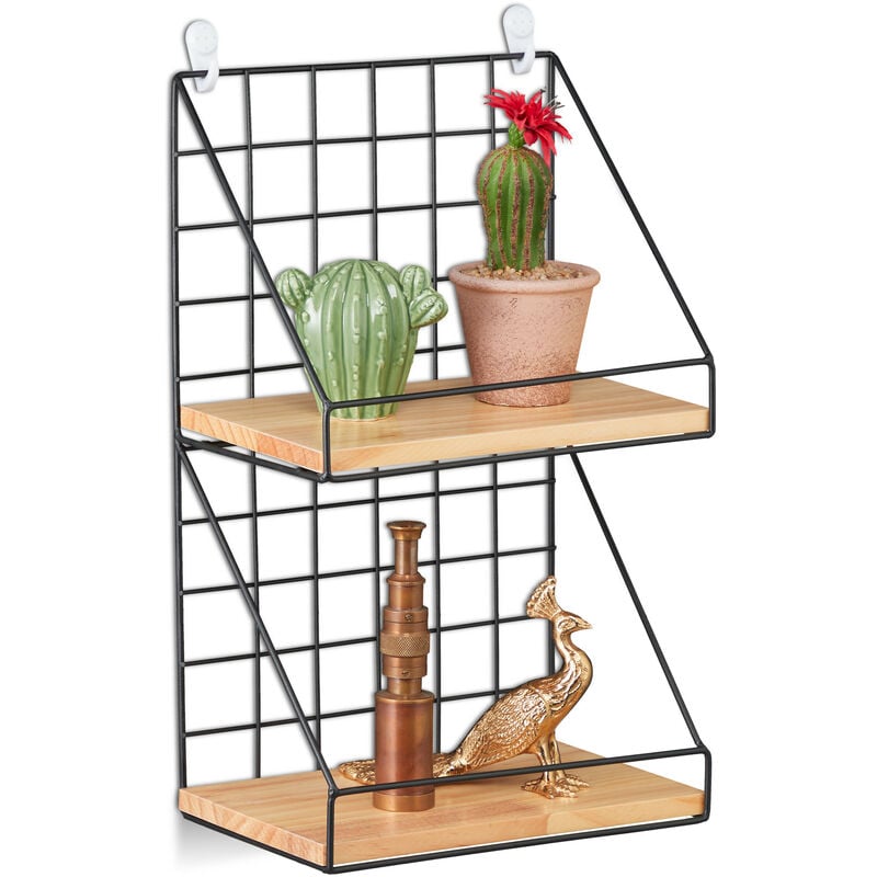 foto del prodotto mensola da parete, 2 ripiani, scaffale con design a griglia, 41 x 25 x 16 cm, stile industrial, nero marrone relaxdays