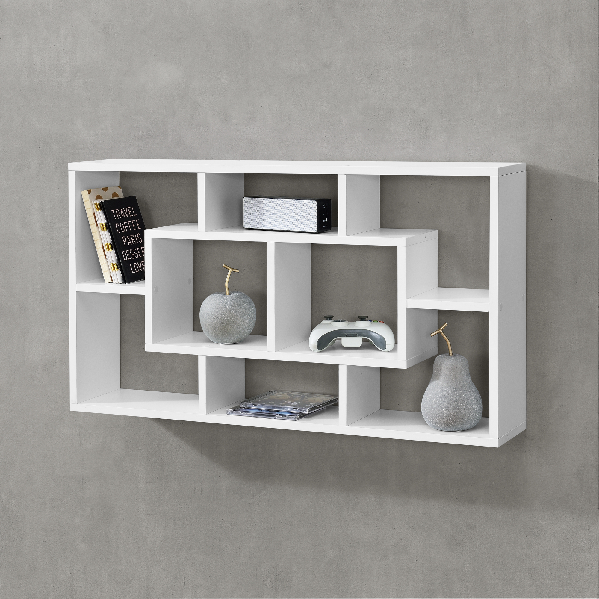 foto del prodotto mensola da parete a forma rettangolare con 8 scomparti 85 x 16 x 48 cm scaffale pensile con ripiani portaoggetti