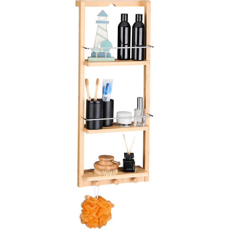 foto del prodotto mensola da parete bagno, scaffale in bamb con 3 ripiani, hxlxp 70 x 28,5 x 10 cm, 3 ganci, color naturale relaxdays