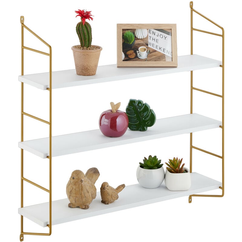 foto del prodotto mensola da parete con 3 ripiani, hlp 60x60x15 cm, in mdf e ferro, scaffale a muro da salotto, bianco dorato relaxdays