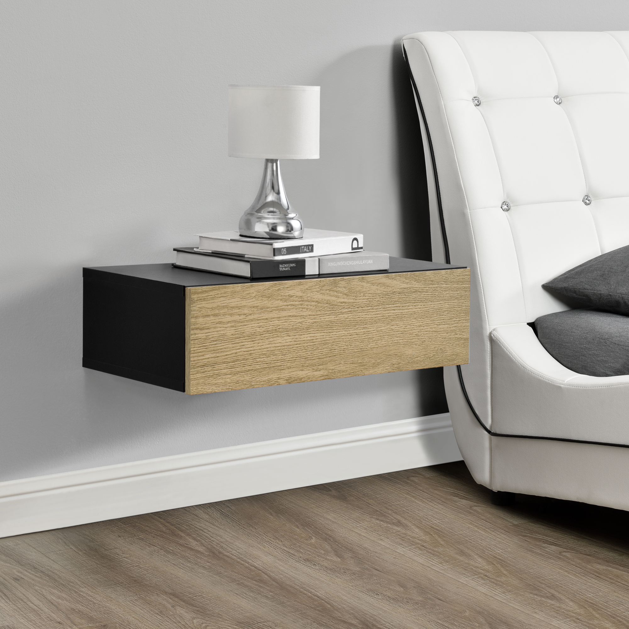 foto del prodotto mensola da parete con cassetto integrato 50x24x12 cm nero effetto legno en.casa 