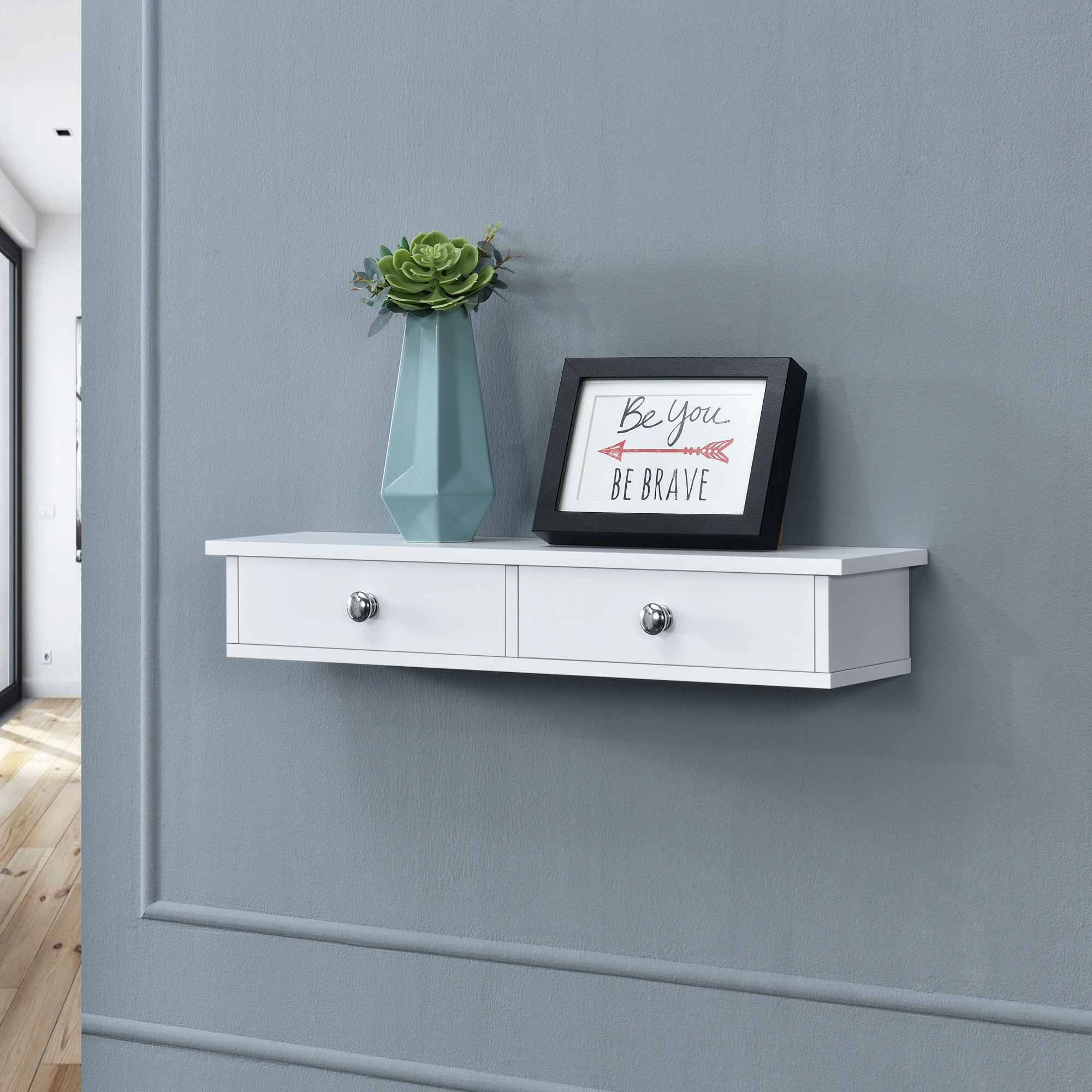 foto del prodotto mensola da parete geeste comodino sospeso con 2 cassetti 60 x 15 x 10 cm bianco en.casa 