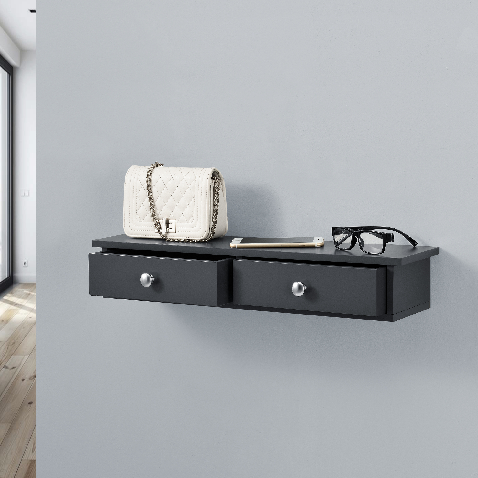 foto del prodotto mensola da parete geeste comodino sospeso con 2 cassetti 60 x 15 x 10 cm grigio scuro en.casa 
