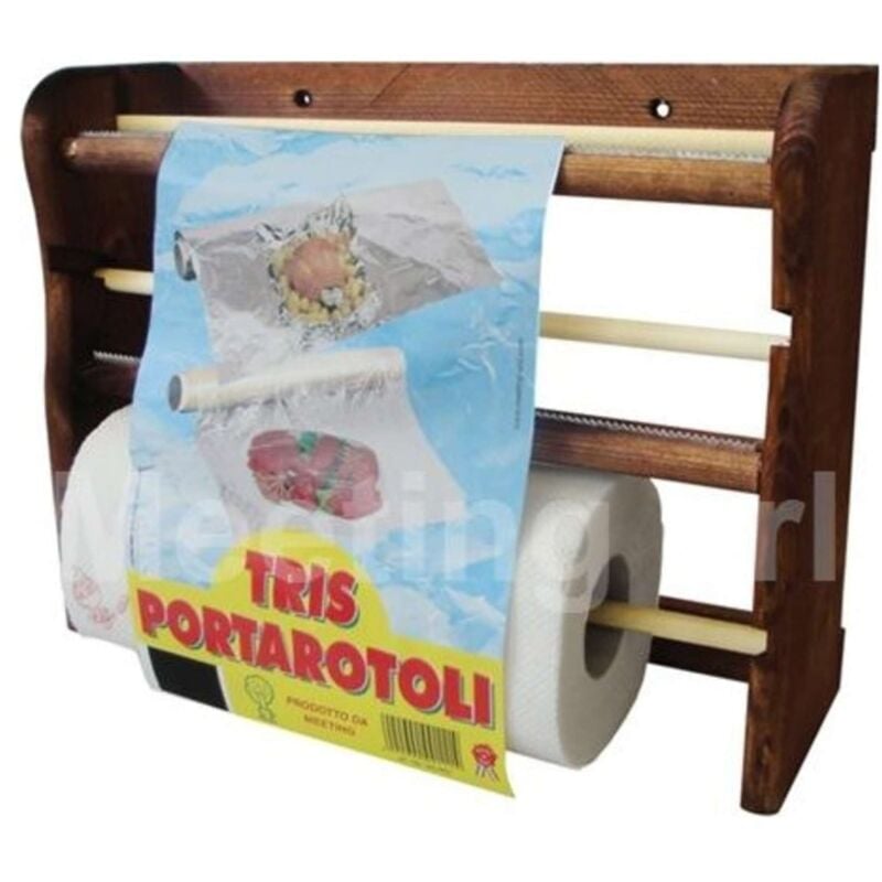 foto del prodotto mensola da parete in legno scuro tris portarotoli carta, pellicola trasparente e alluminio 33x9h29