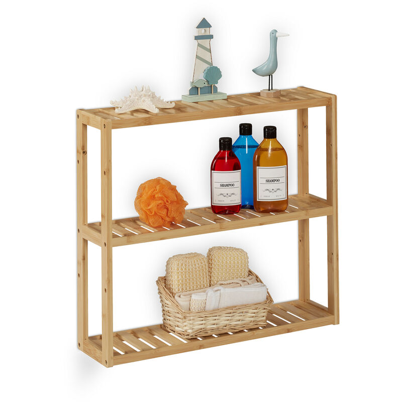foto del prodotto mensola da parete per bagno, in bamb con 3 ripiani, 54 x 60 x 15 cm, scaffale portaspezie in cucina, naturale relaxdays