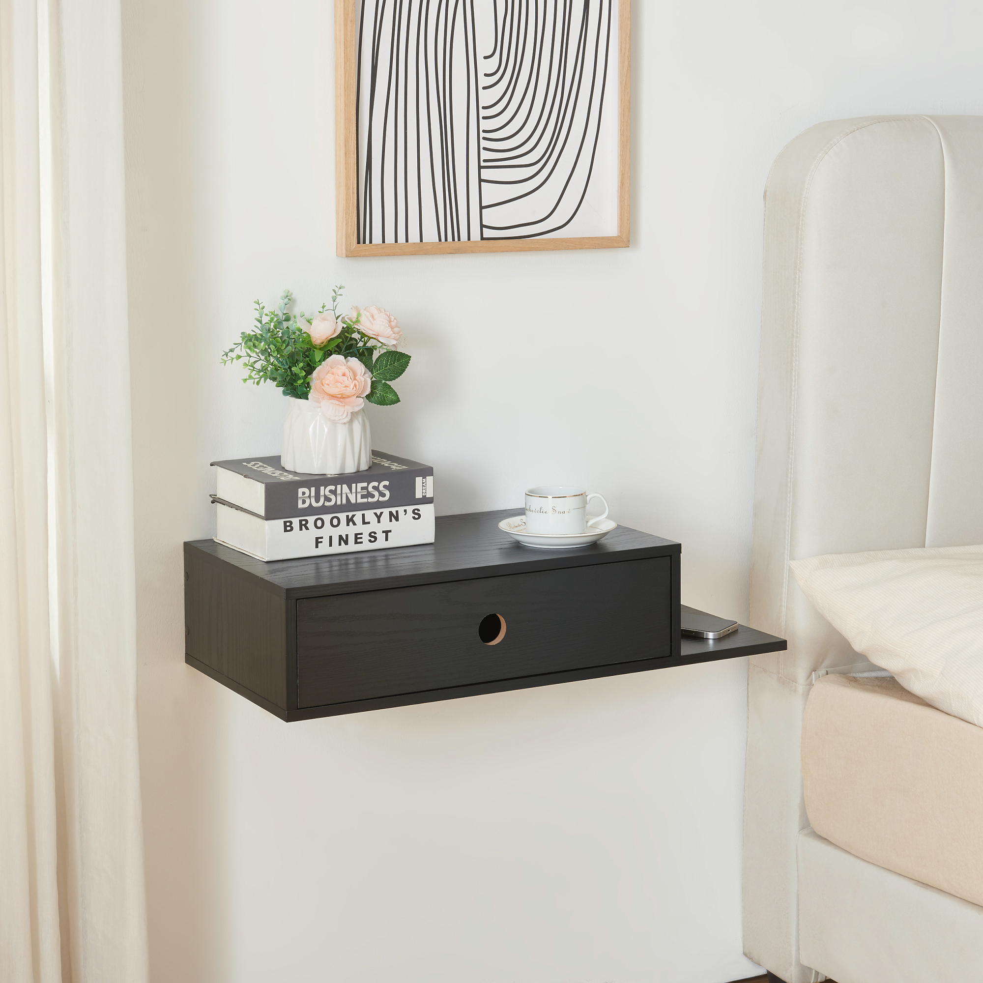 foto del prodotto mensola da parete stor con cassetto integrato e ripiano laterale nero en.casa 