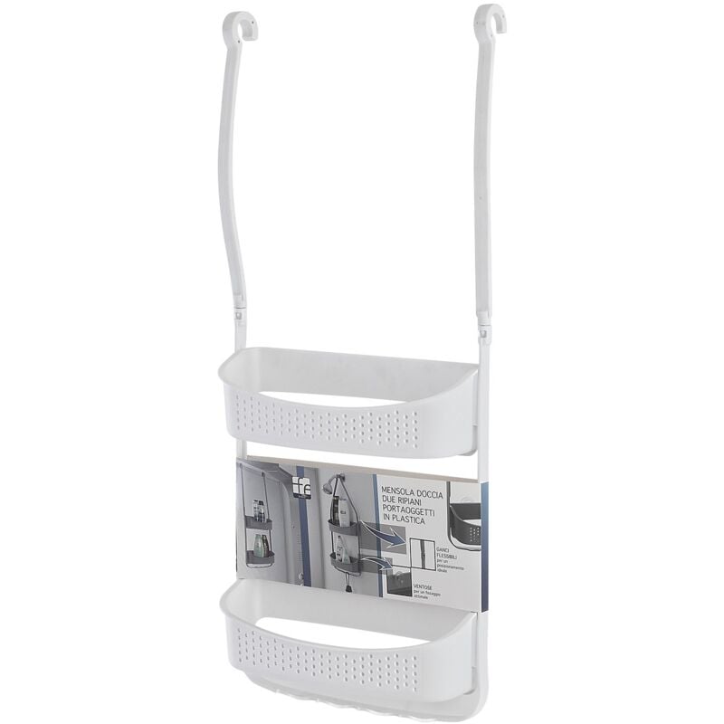 foto del prodotto mensola doccia bianco in pvc con 2 ripiani e ganci inferiori