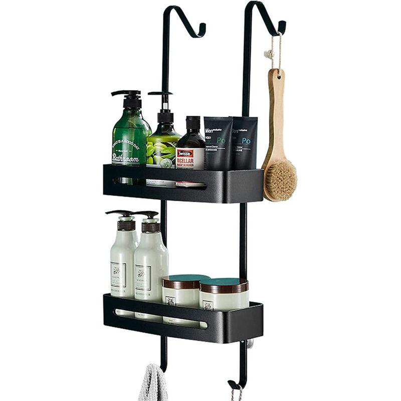foto del prodotto mensola doccia da appendere, portaoggetti per doccia da appendere con 4 ganci e 2 ventose, senza foratura per porte doccia, acciaio inox nero