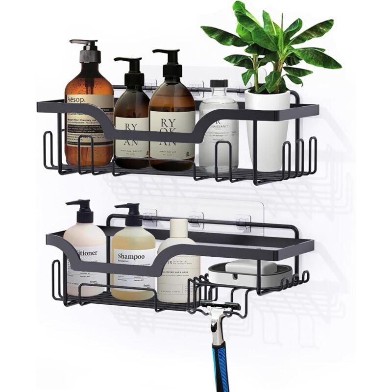 foto del prodotto mensola doccia senza foratura set da 2, mensola doccia, mensola da parete per bagno con 8 ganci, porta shampoo per accessori vasca