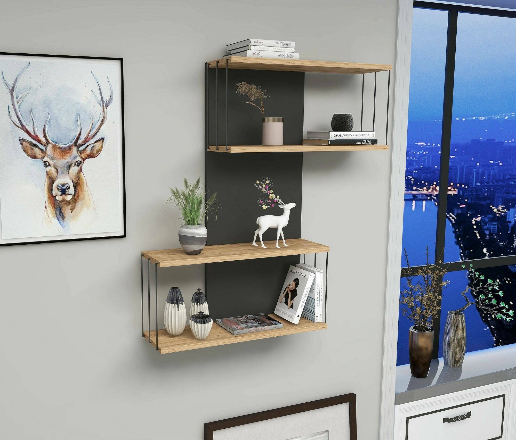 foto del prodotto mensola gerolama, scaffale, ripiano a muro, scaffalatura multiuso, 65x19h96 cm, antracite e rovere