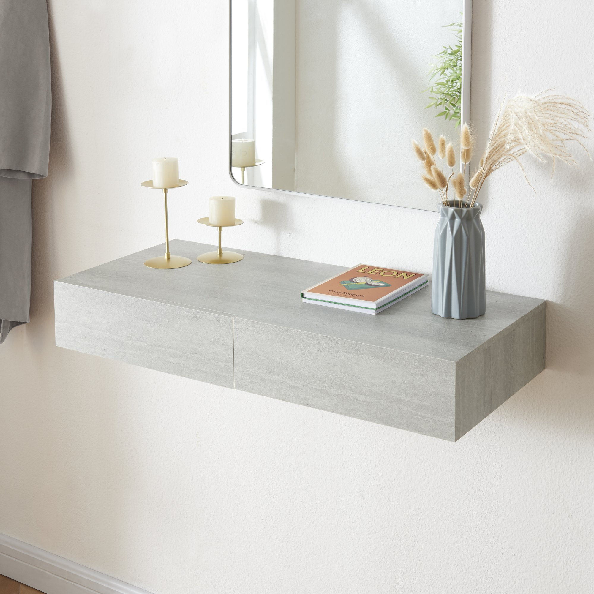 foto del prodotto mensola karstula con 2 cassetti affiancati comodino sospeso 80 x 35 x 12 cm effetto cemento en.casa 