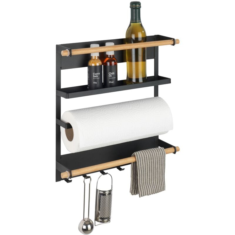 foto del prodotto mensola magnetica per frigorifero magna, con porta spezie, portarotolo magnetico e ganci per appendere utensili da cucina, in metallo e bamb ,