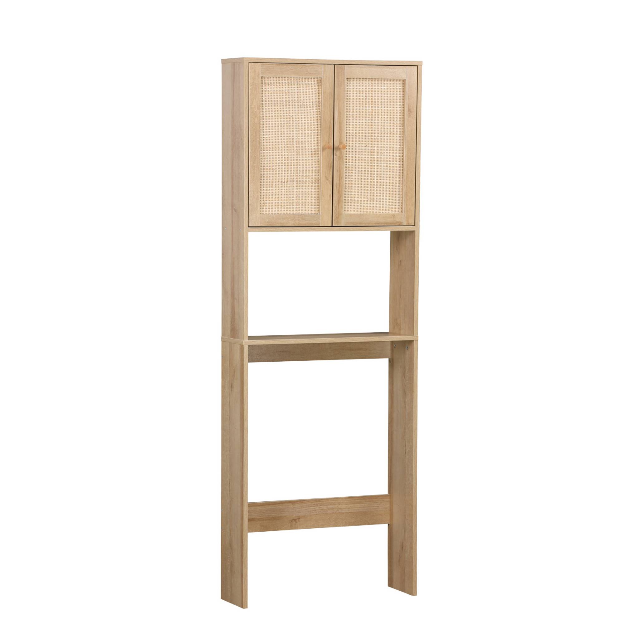 foto del prodotto mensola mobile wc decorato in legno e canna, marrone naturale
