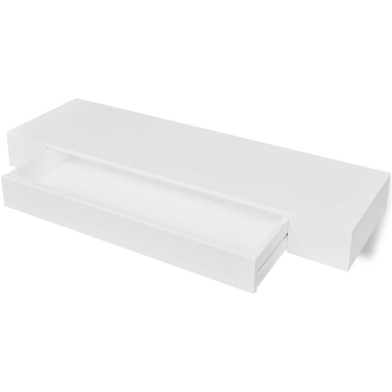 foto del prodotto mensola pensile di design in mdf bianco con 1 cassetto per dvd libri