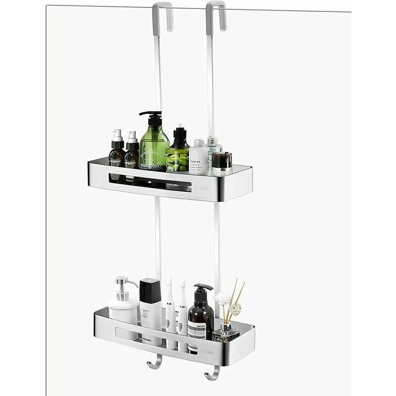 foto del prodotto mensola per doccia extra large in alluminio, da appendere senza forare, con ganci per bagno e cucina.