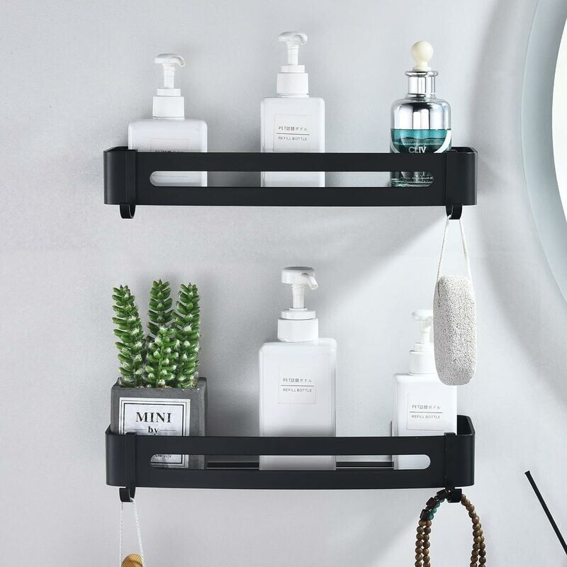 foto del prodotto mensola per doccia nera mensola per bagno senza foratura cestino da parete per doccia in alluminio mensola portaoggetti per bagno adesivo per doccia,