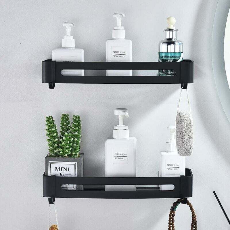foto del prodotto mensola per doccia nera, mensola per bagno, senza foratura, in alluminio, cestino da parete per doccia, mensola portaoggetti adesiva per doccia,