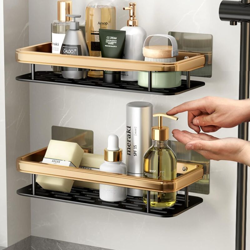 foto del prodotto mensola per doccia non necessita di foratura alluminio spaziale, antiruggine, nero oro 13 30 5,5cm set da 2