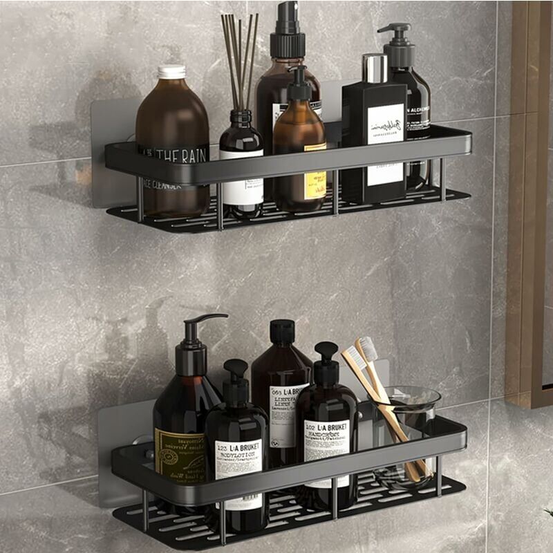 foto del prodotto mensola per doccia, portaoggetti per doccia senza foratura, cestino da bagno in alluminio, portaoggetti per doccia nero, porta shampoo per doccia,