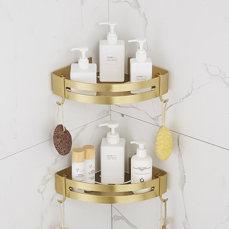 foto del prodotto mensola per doccia senza foratura mensola angolare per bagno mensola per bagno starlight oro sabbia lucido, 2 livelli 