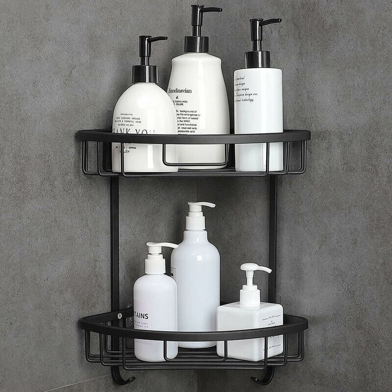 foto del prodotto mensola per doccia senza foratura, portaoggetti angolare per doccia, autoadesivo, accessori per il bagno, 2 ripiani, nero