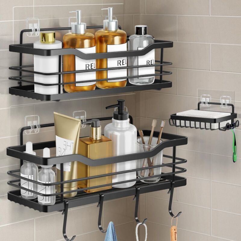foto del prodotto mensola per doccia senza foratura, set da 3, accessorio per il bagno con ripiano per doccia in acciaio inossidabile 304, contenitore per doccia nero