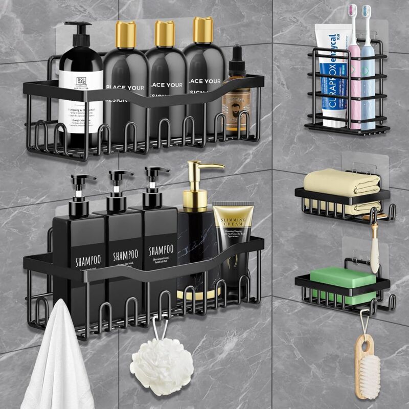 foto del prodotto mensola per il bagno, mensola per il bagno senza foratura, mensola per doccia in acciaio inossidabile da 5 pezzi con ganci e porta dentifricio, adatta per bagno, camera da letto, cucina, nero