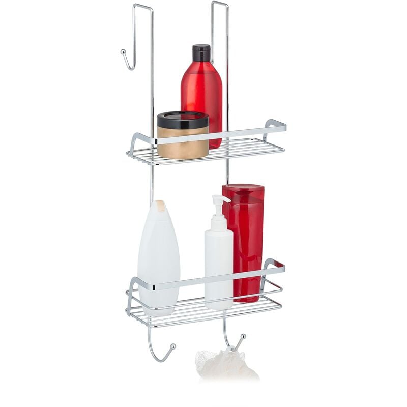 foto del prodotto mensola portaoggetti da doccia, ferro cromato, hlp 60x25,5x22,5 cm, appendere, 4 ganci e 2 ripiani, argentato relaxdays