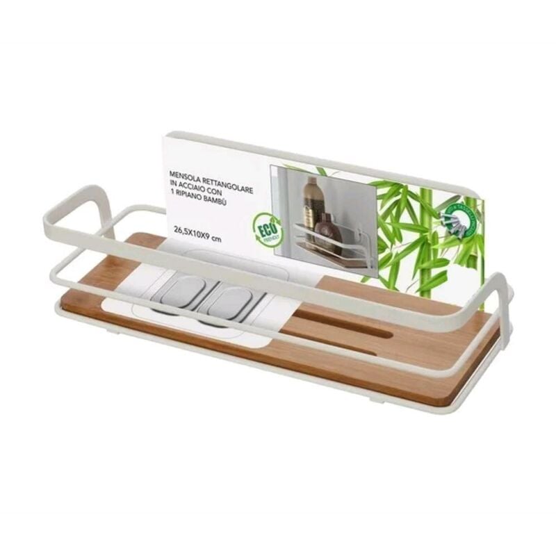 foto del prodotto mensola rettangolare per bagno in acciaio colore bianco opaco con ripiano bambu' 26,5x10x9h cm